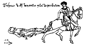 Drawing of the death of William de Marisco
in 1242 when the punishment
of hanging, drawing and 
quartering was invented for him.